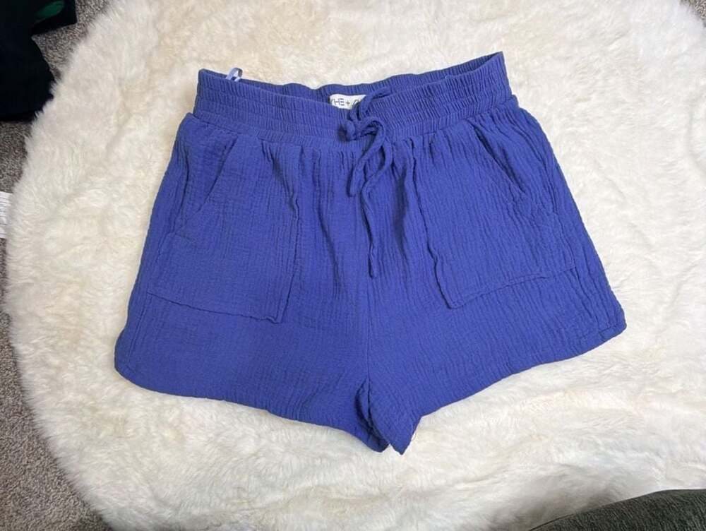 Women's Blue Gauze Elastic Waist Drawstring Shorts with Pockets
